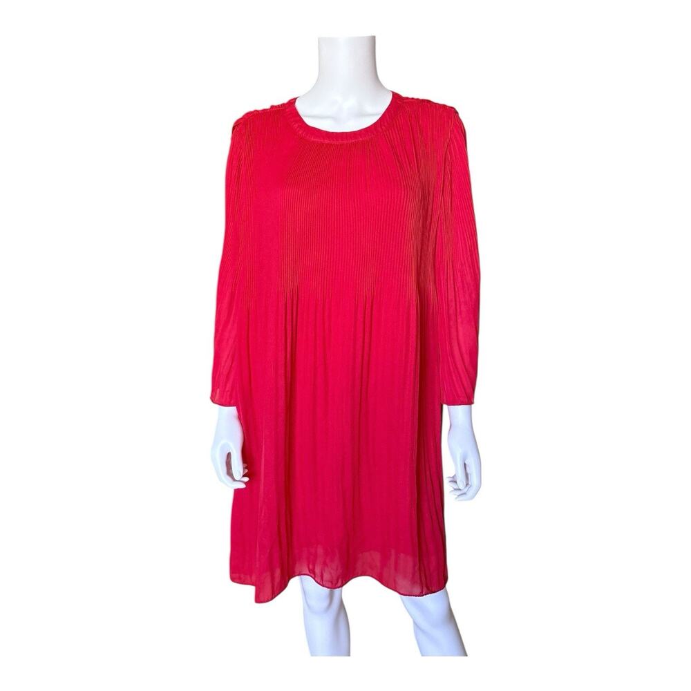 Solitaire Dress Womens L Red Pleated 3/4 Sleeve Shift Hi Low Lined Lightweight